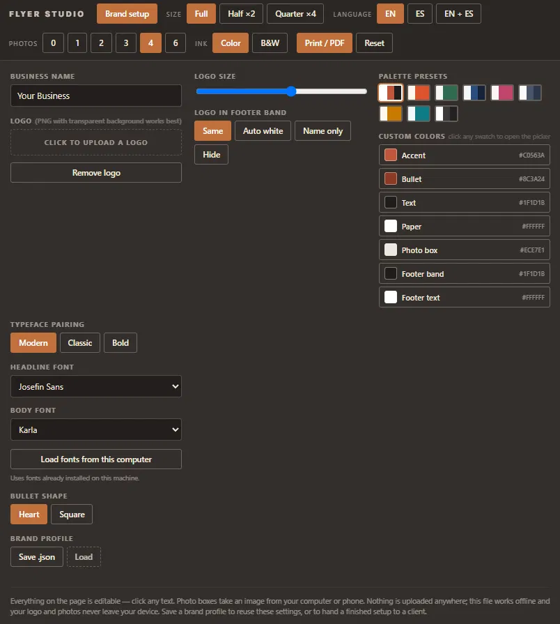 The Flyer Studio brand setup drawer showing logo upload, logo size, palette presets, seven custom colour roles with hex values, typeface pairing, font pickers, bullet shape, and brand profile save and load