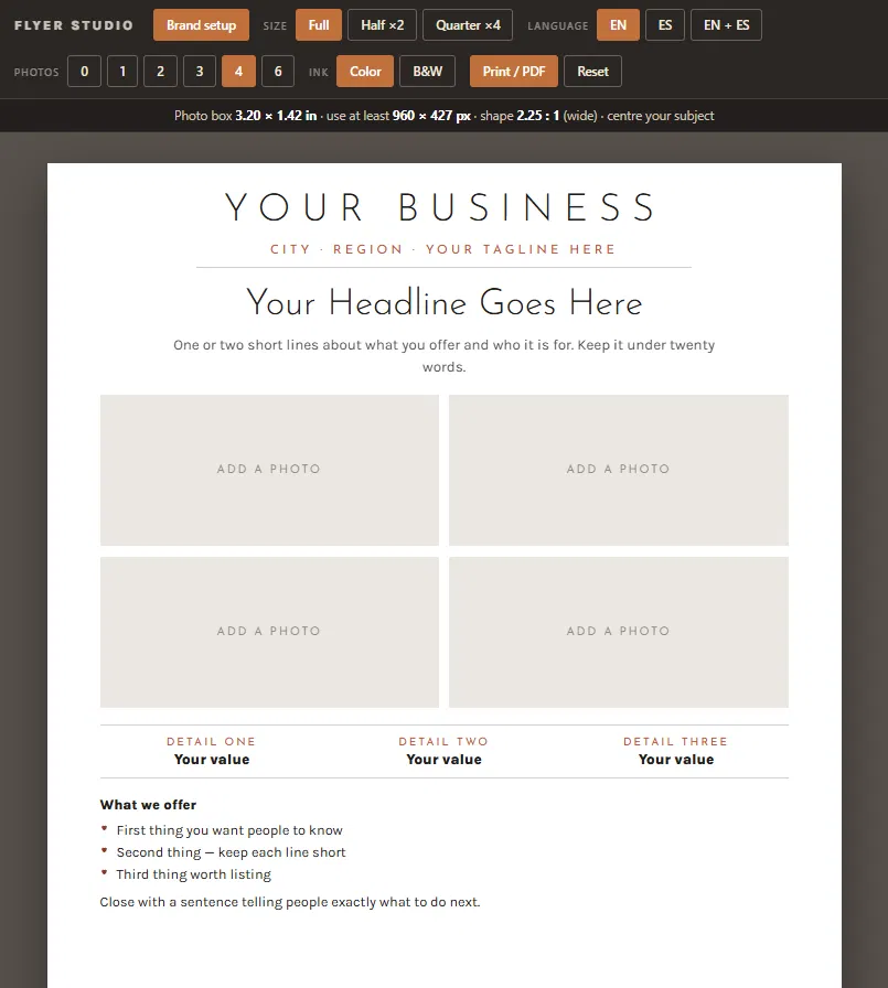 The Flyer Studio editor with a full-page layout, four photo slots, and the toolbar showing size, language, photo count, and ink options
